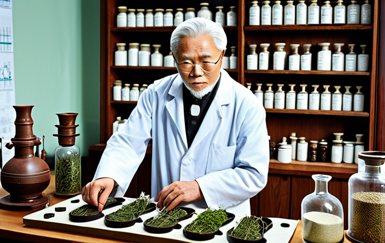 **Prompt 1: Ancient Hanbang Wisdom Meets Modern Science**
A visually stunning juxtaposition of a traditional Korean herbal apothecary, featuring rows of dried herbs, antique ceramic jars, and a wise, elderly practitioner, seamlessly merging with a clean, futuristic biotechnological laboratory with advanced equipment, microscopes, and scientists in lab coats. The image should convey a harmonious blend of ancient wisdom and cutting-edge research, with a focus on natural extracts being refined scientifically.