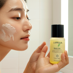 Hanbang Skincare Ritual for Sensitive Skin**

Prompt: Close-up shot of a serene Italian woman with sensitive skin, gently applying Hanbang skincare products in a brightly lit bathroom. Focus on the textures of the products (cream, toner) and the soothing ingredients like Centella Asiatica. Soft, diffused lighting. Emphasize natural beauty and calmness.
**