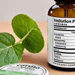 **Close-up of cosmetic ingredients with labels in Italian.** Focus on ingredients like "Centella Asiatica", "Acido Ialuronico", with a background suggesting a skincare laboratory or a natural setting.