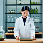 A professional woman, fully clothed in modest, elegant professional attire, stands serenely in a luminous, contemporary space where traditional Hanbang elements beautifully merge with scientific innovation. Natural light illuminates a meticulously arranged scene featuring fresh botanicals and ancient medicinal herbs alongside modern laboratory glassware, sleek fermentation vessels, and advanced biotechnology equipment. Her perfect anatomy, correct proportions, and natural pose are depicted with well-formed hands, gently holding an elegant, minimalist cosmetic product. The image exudes a sense of sophisticated harmony and cutting-edge wellness, captured with professional studio photography quality. safe for work, appropriate content, fully clothed, professional.