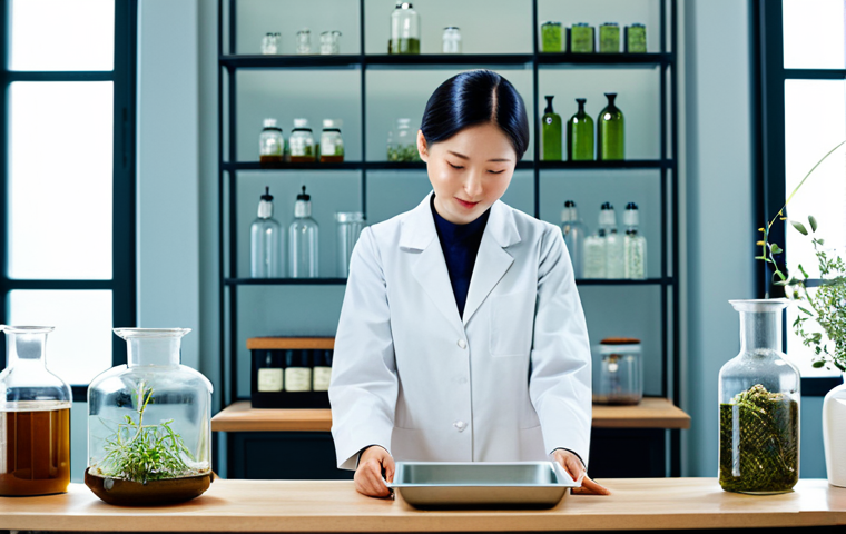 A professional woman, fully clothed in modest, elegant professional attire, stands serenely in a luminous, contemporary space where traditional Hanbang elements beautifully merge with scientific innovation. Natural light illuminates a meticulously arranged scene featuring fresh botanicals and ancient medicinal herbs alongside modern laboratory glassware, sleek fermentation vessels, and advanced biotechnology equipment. Her perfect anatomy, correct proportions, and natural pose are depicted with well-formed hands, gently holding an elegant, minimalist cosmetic product. The image exudes a sense of sophisticated harmony and cutting-edge wellness, captured with professional studio photography quality. safe for work, appropriate content, fully clothed, professional.