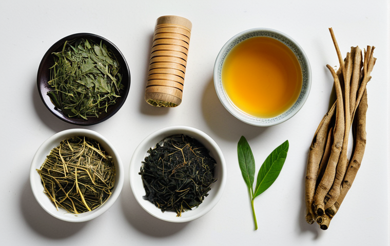 Hanbang Ingredients**
"A beautifully arranged flat lay of various Hanbang ingredients: ginseng root, licorice root, green tea leaves, honey, and Centella Asiatica leaves. Ingredients are fresh and vibrant. Soft, diffused lighting. safe for work, appropriate content, fully clothed, professional, perfect anatomy, correct proportions, natural pose, high quality."
**
