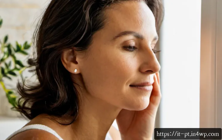 Home 14 한방 화장품으로 민감한 피부 개선하기 - Photorealistic close-up of an Italian woman in her early 40s with calm, healthy-looking sensitive sk...