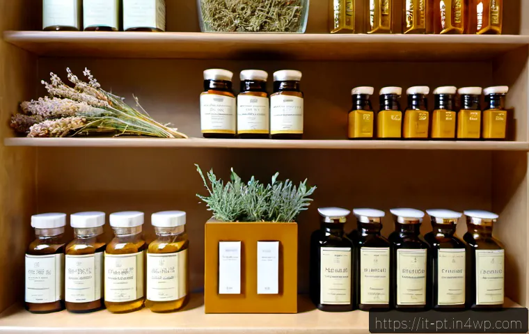 Home 15 한방 화장품 추천 구매처 - Photorealistic premium herbal skincare display in an elegant Italian pharmacy, unlabeled glass jars ...