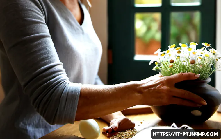 Home 16 한방 화장품으로 아토피 피부 관리하기 - Photorealistic close-up of an Italian woman in her 40s gently applying a small amount of fragrance-f...