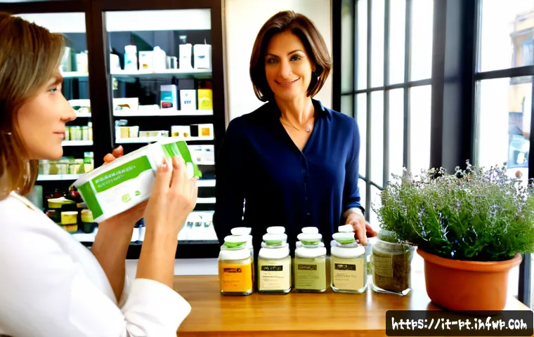 Home 17 한방 화장품의 성분별 구매 가이드 - Photorealistic Italian skincare shopping scene in a refined Milan pharmacy, an elegant middle-aged w...
