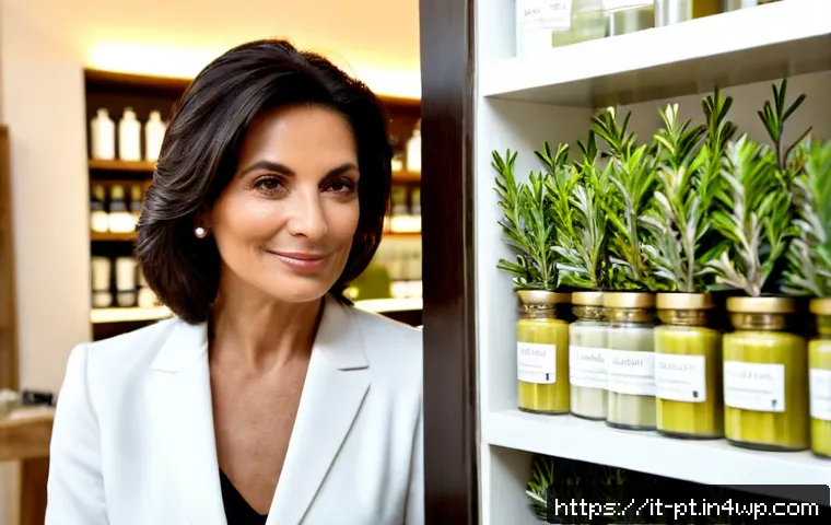Home 17 한방 화장품의 공룡 브랜드와의 경쟁 - Photorealistic Italian herbal skincare boutique in Milan, elegant middle-aged Italian woman comparin...