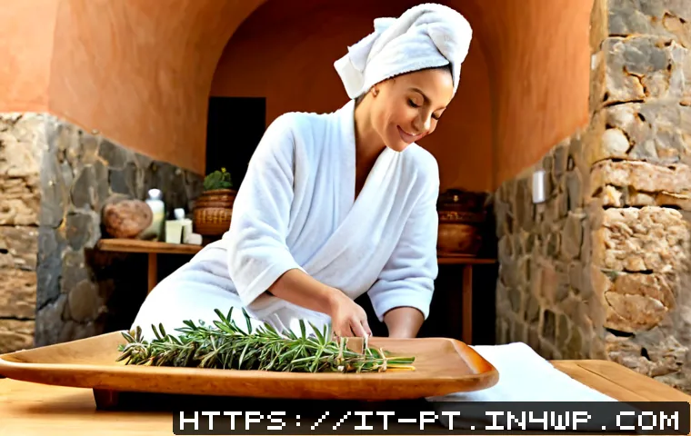 한방 화장품을 활용한 스파 경험 - Photorealistic luxury spa treatment in an elegant Italian wellness retreat, a relaxed middle-aged wo...