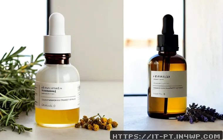 Home 17 한방 화장품과 일반 화장품의 차이점 - Photorealistic side-by-side skincare comparison on a clean light stone vanity: left side botanical h...